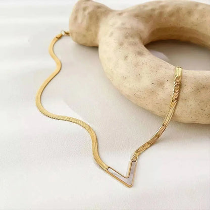 18K Gold Plated V Shape Natural Shell Flat Snake Chain Minimalist Necklace for Women JettsJewelers