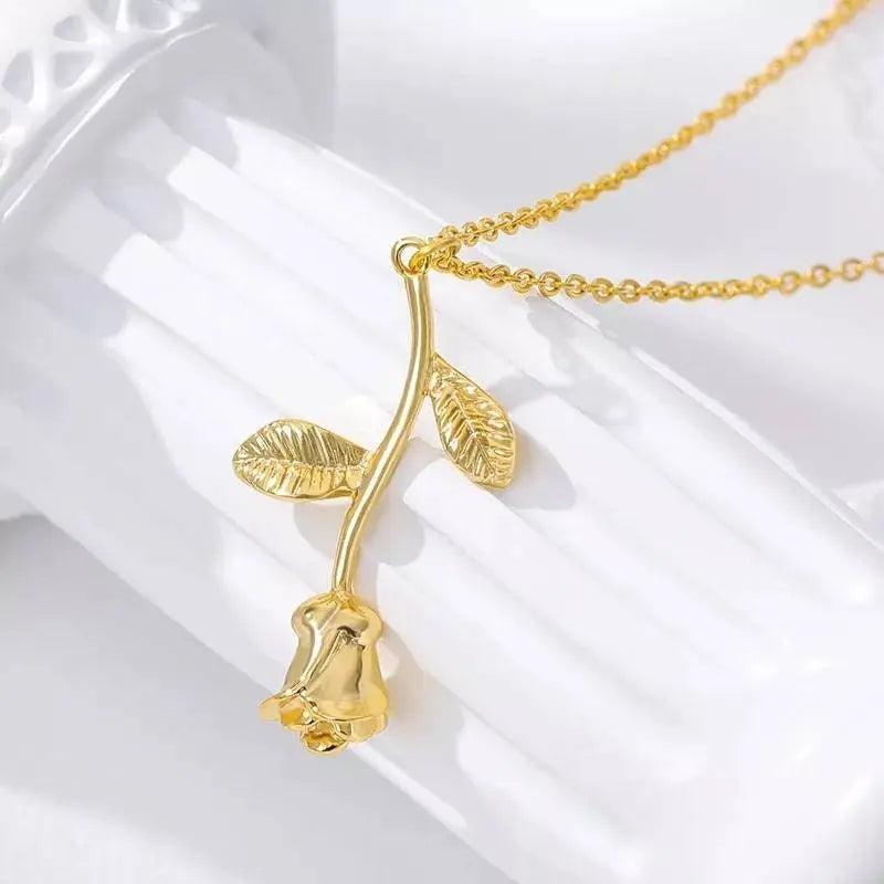 18K Gold Rose Flower Pendant Necklace for Women Stainless Steel Gold Plated JettsJewelers
