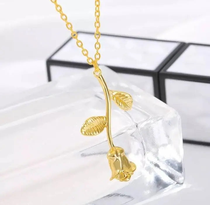 18K Gold Rose Flower Pendant Necklace for Women Stainless Steel Gold Plated JettsJewelers