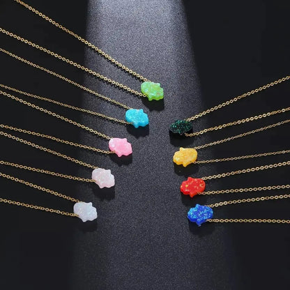 18k Gold Blue Colorful Opal Hamsa Necklace with 18k Solid Gold Chain, White Blue Opal Fatima Hand 18k Gold Necklace for Women Girls Kids JettsJewelers