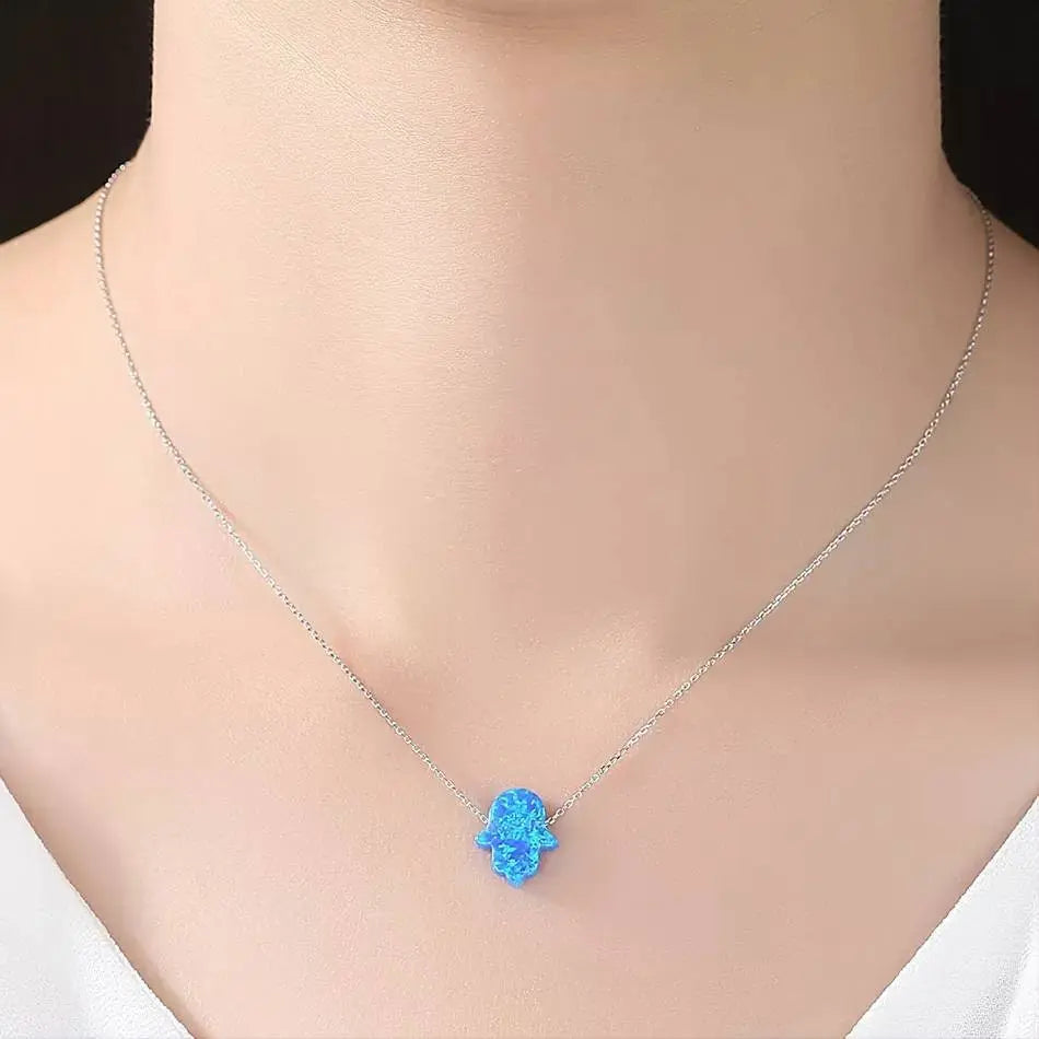 18k Gold Blue Colorful Opal Hamsa Necklace with 18k Solid Gold Chain, White Blue Opal Fatima Hand 18k Gold Necklace for Women Girls Kids JettsJewelers
