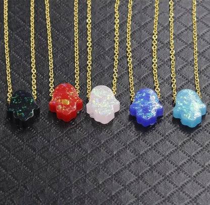 18k Gold Blue Colorful Opal Hamsa Necklace with 18k Solid Gold Chain, White Blue Opal Fatima Hand 18k Gold Necklace for Women Girls Kids JettsJewelers