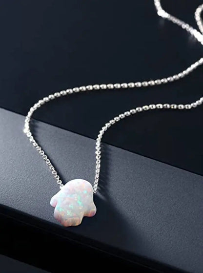 18k Gold Blue Colorful Opal Hamsa Necklace with 18k Solid Gold Chain, White Blue Opal Fatima Hand 18k Gold Necklace for Women Girls Kids JettsJewelers
