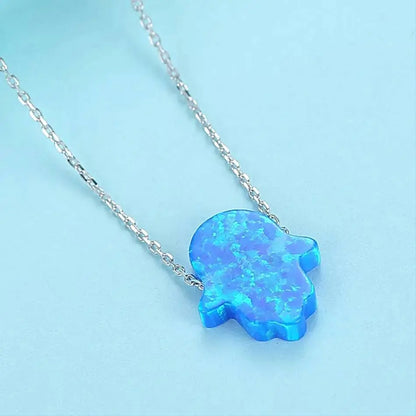 18k Gold Blue Colorful Opal Hamsa Necklace with 18k Solid Gold Chain, White Blue Opal Fatima Hand 18k Gold Necklace for Women Girls Kids JettsJewelers