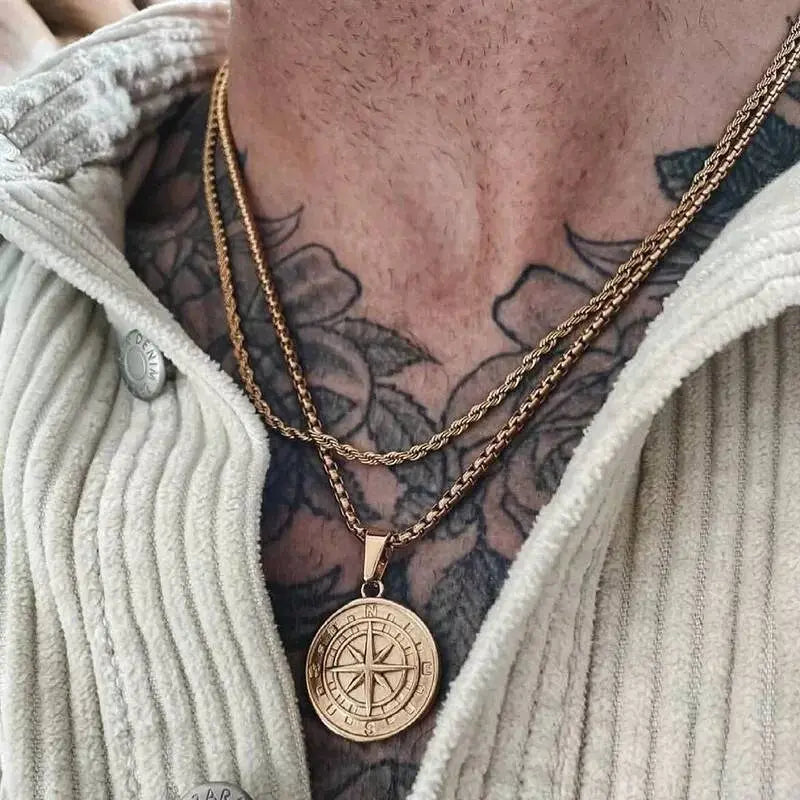 18k Gold Compass North Star Pendant Chain Mens Compass Necklace Gold Anchor Pendant Vintage Sterling Silver Necklace For Men Boyfriend Gift JettsJewelers