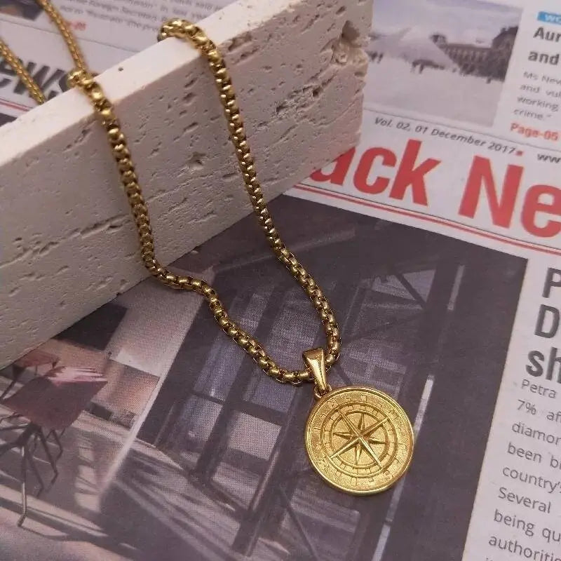 18k Gold Compass North Star Pendant Chain Mens Compass Necklace Gold Anchor Pendant Vintage Sterling Silver Necklace For Men Boyfriend Gift JettsJewelers