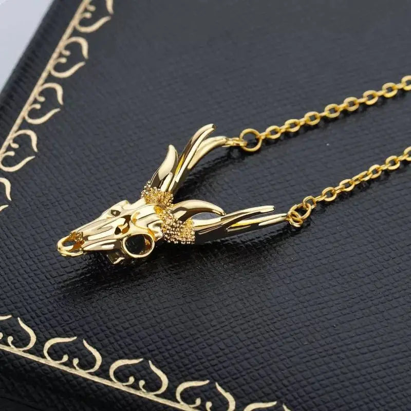 18k Gold Plated Antler Skull Necklace JettsJewelers