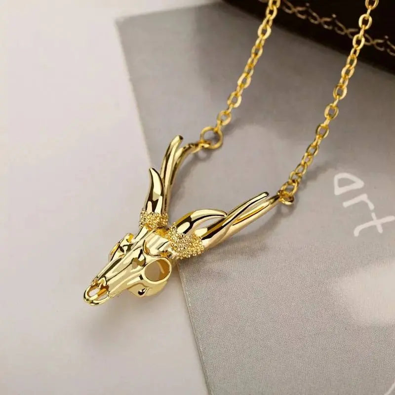 18k Gold Plated Antler Skull Necklace JettsJewelers