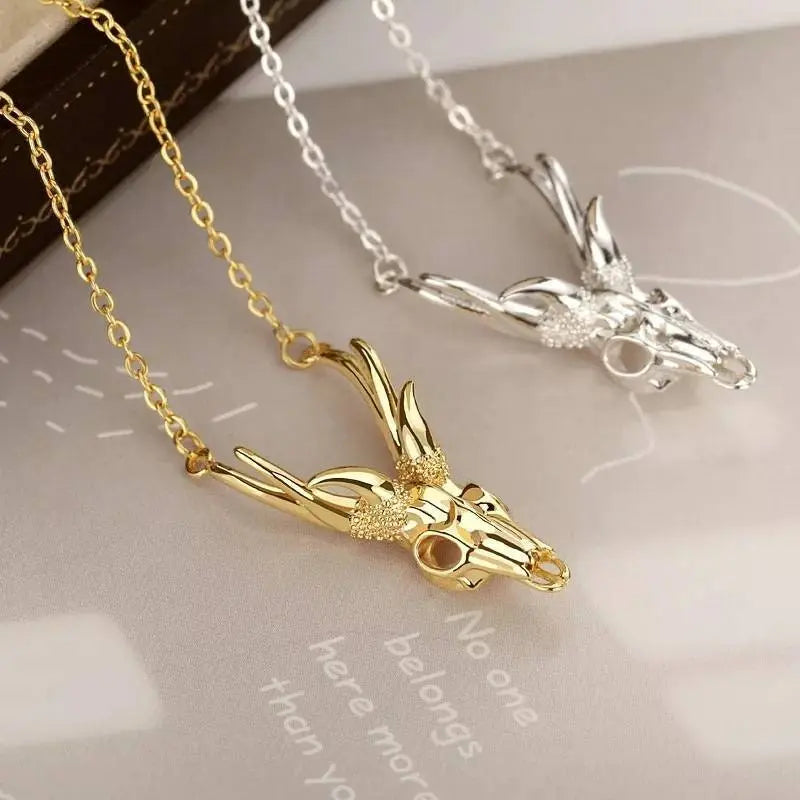 18k Gold Plated Antler Skull Necklace JettsJewelers