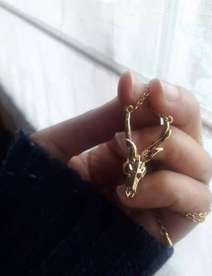 18k Gold Plated Antler Skull Necklace JettsJewelers