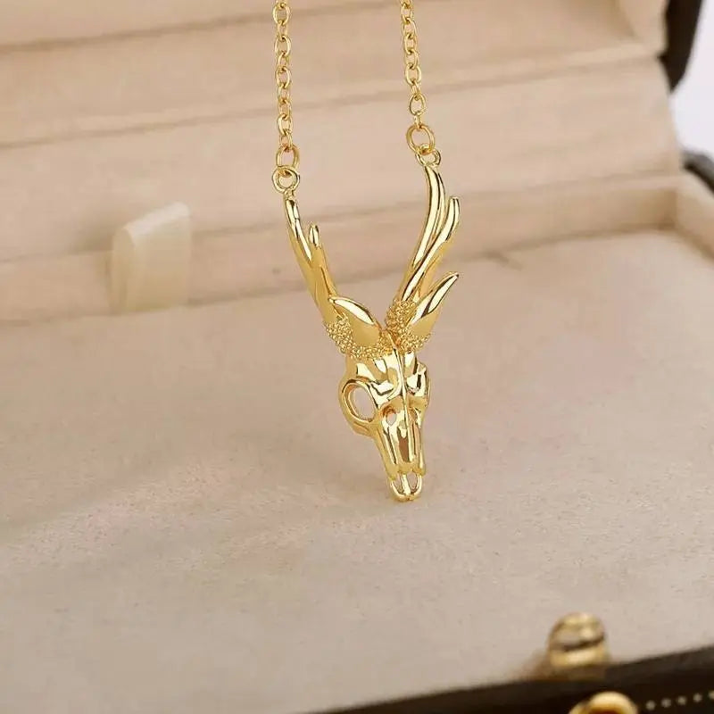 18k Gold Plated Antler Skull Necklace JettsJewelers