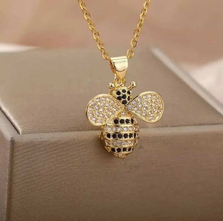 18k Gold Plated Bee Pendant Necklace Colorful Zircon Gems JettsJewelers