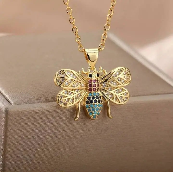 18k Gold Plated Bee Pendant Necklace Colorful Zircon Gems JettsJewelers