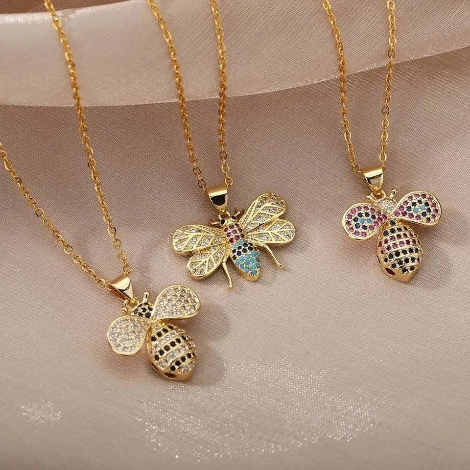 18k Gold Plated Bee Pendant Necklace Colorful Zircon Gems JettsJewelers