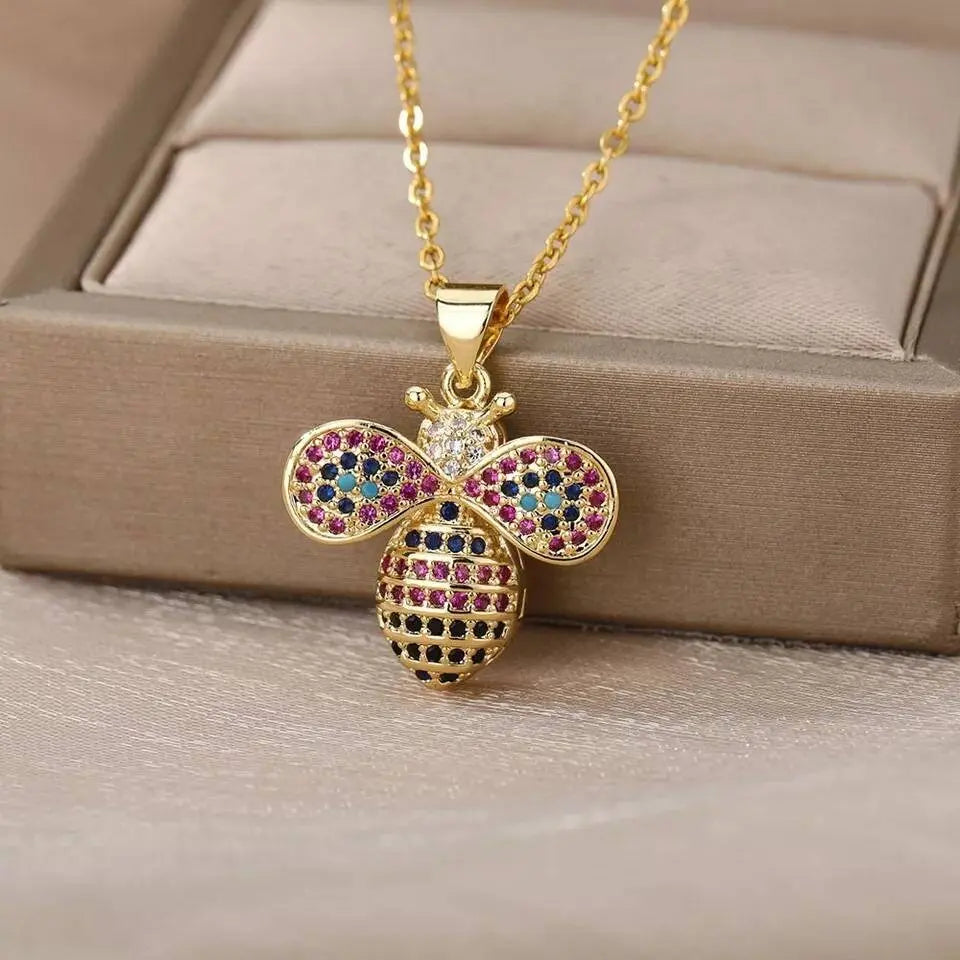 18k Gold Plated Bee Pendant Necklace Colorful Zircon Gems JettsJewelers