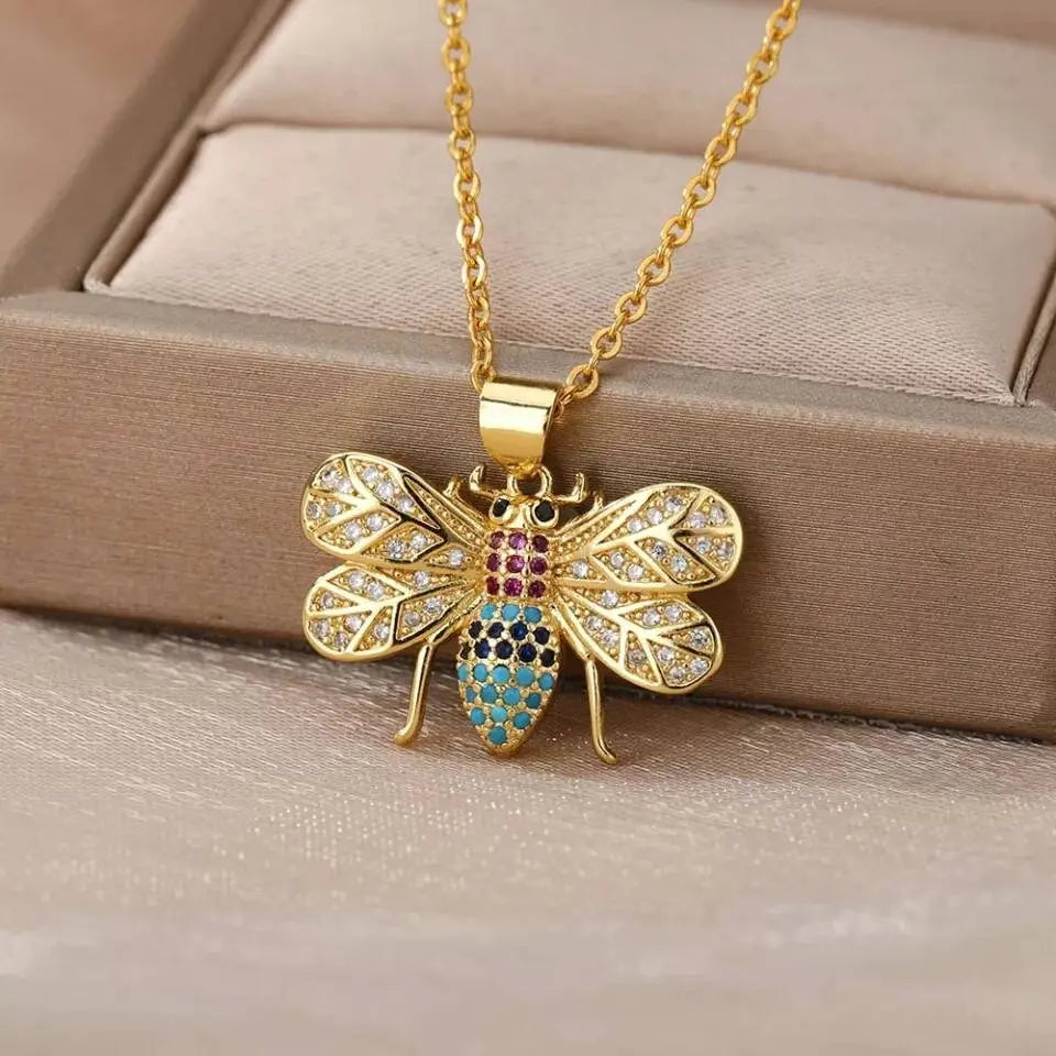 18k Gold Plated Bee Pendant Necklace Colorful Zircon Gems JettsJewelers