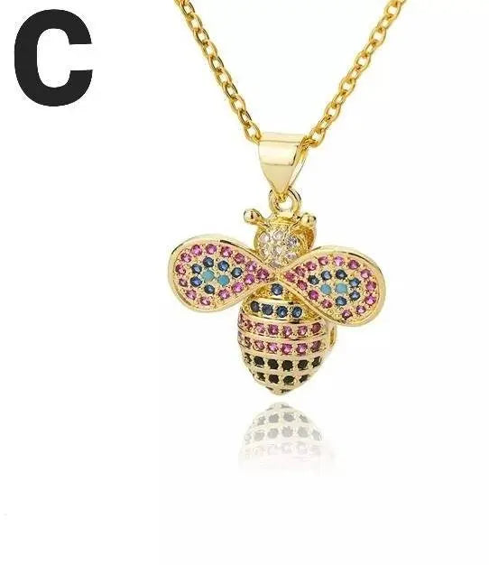 18k Gold Plated Bee Pendant Necklace Colorful Zircon Gems JettsJewelers