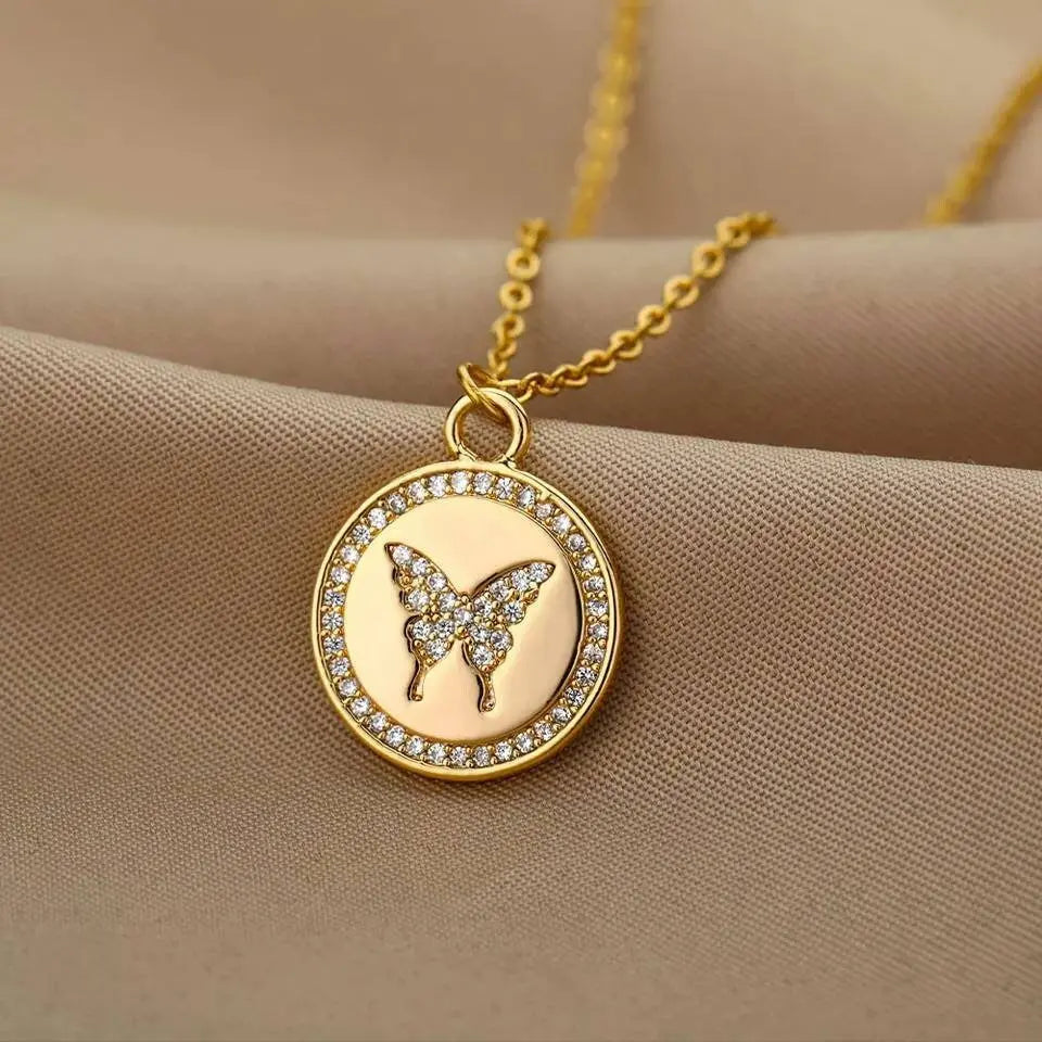 18k Gold Plated Coin Butterfly with CZ Necklace JettsJewelers