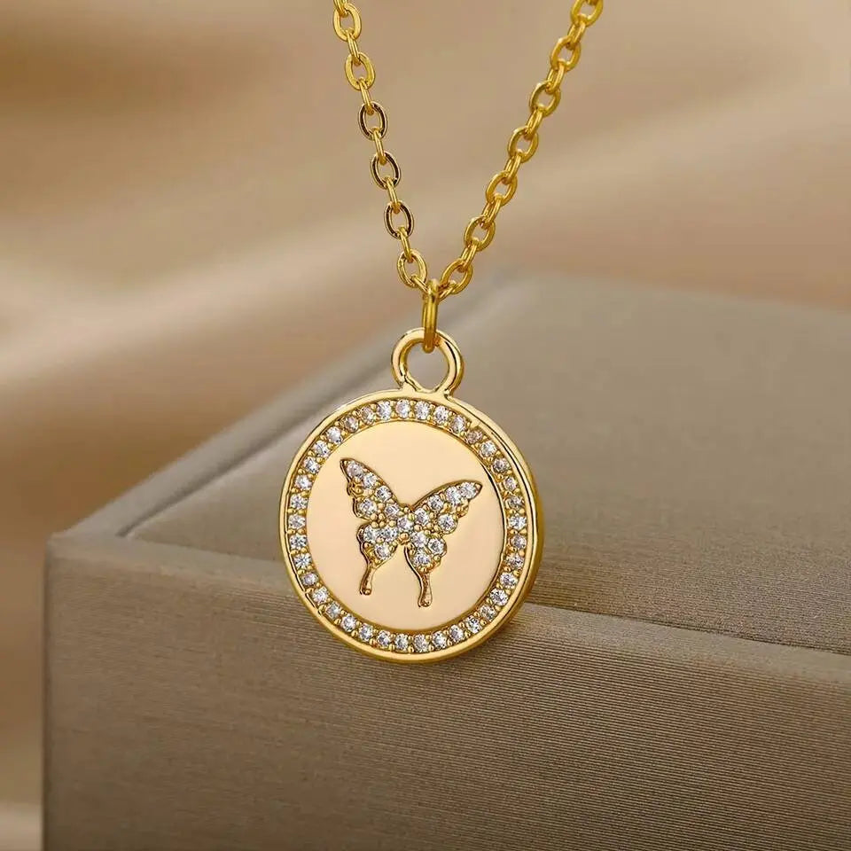 18k Gold Plated Coin Butterfly with CZ Necklace JettsJewelers