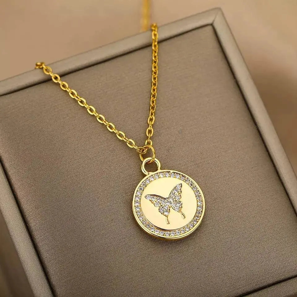 18k Gold Plated Coin Butterfly with CZ Necklace JettsJewelers