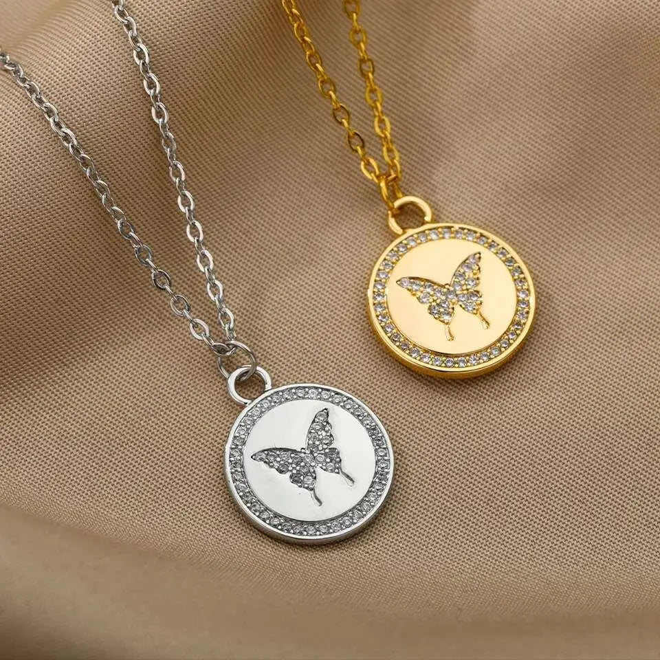 18k Gold Plated Coin Butterfly with CZ Necklace JettsJewelers