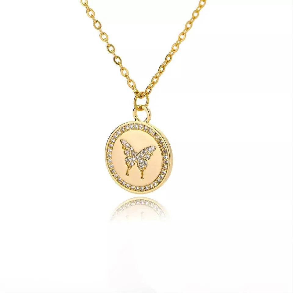 18k Gold Plated Coin Butterfly with CZ Necklace JettsJewelers