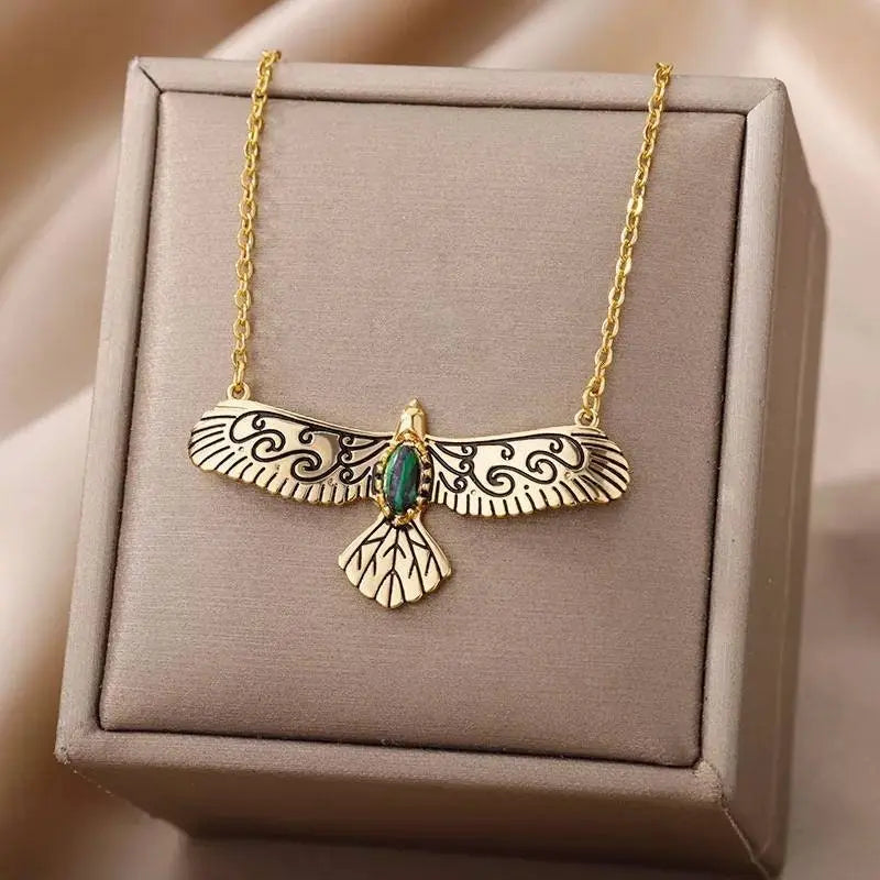 18k Gold Plated Eagle Pendant Necklace Green Gems JettsJewelers