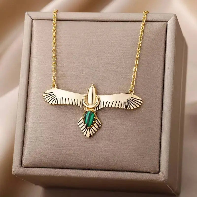 18k Gold Plated Eagle Pendant Necklace Green Gems JettsJewelers