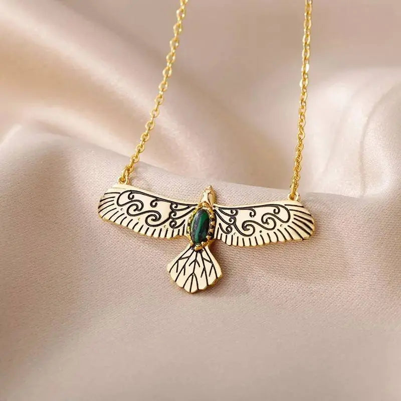 18k Gold Plated Eagle Pendant Necklace Green Gems JettsJewelers