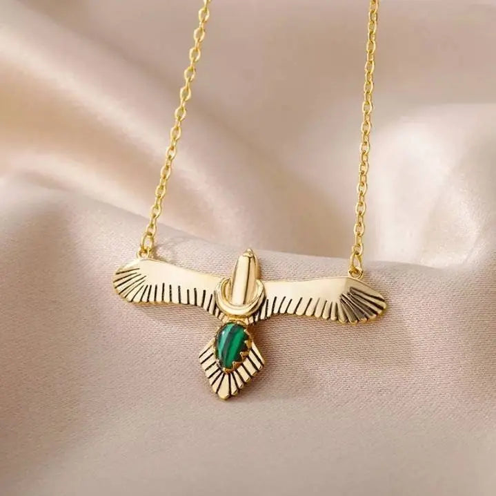 18k Gold Plated Eagle Pendant Necklace Green Gems JettsJewelers