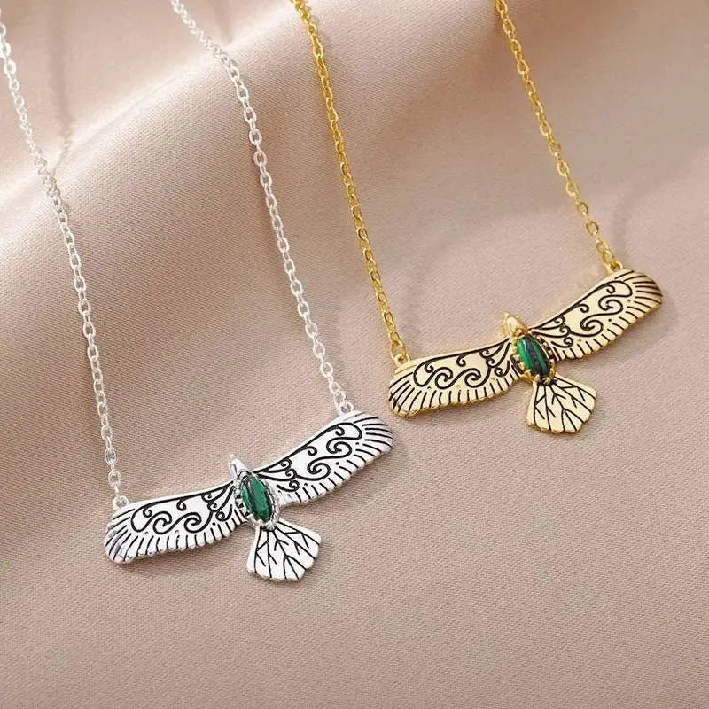 18k Gold Plated Eagle Pendant Necklace Green Gems JettsJewelers