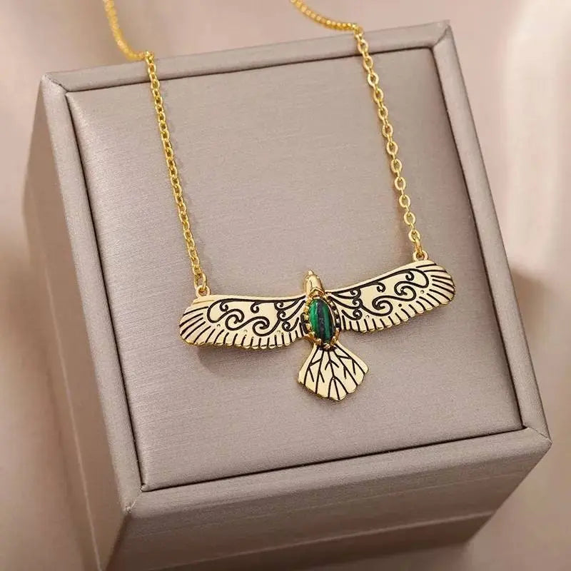 18k Gold Plated Eagle Pendant Necklace Green Gems JettsJewelers