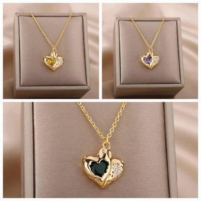 18k Gold Plated Heart Stone Geometric with CZ Necklace JettsJewelers