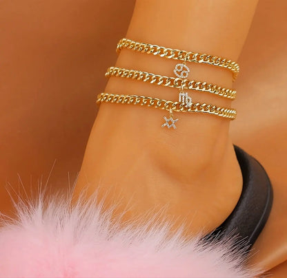 18k Gold Plated Zodiac Sign Curby Anklet, Custom Ankle Bracelet, Crystal Cubic Zirconia Constellation Zodiac Anklet, Leg Chain, JettsJewelers