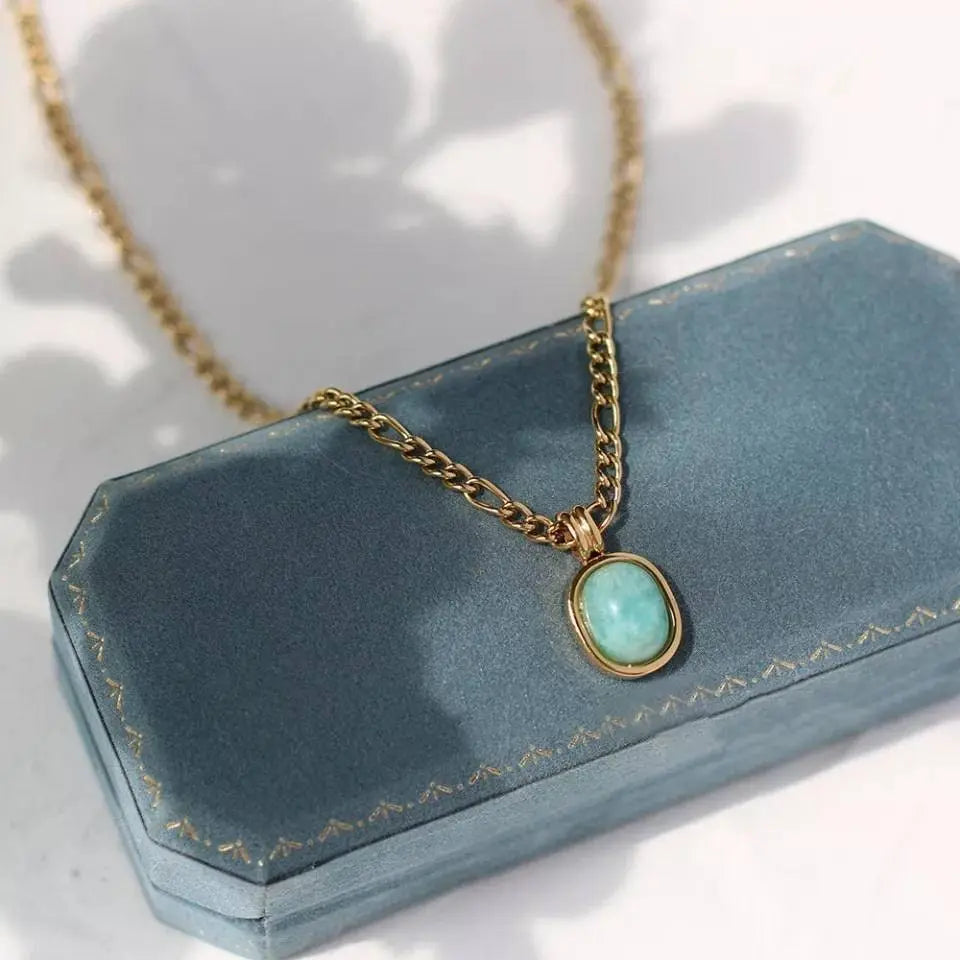 18k Gold Spring Green Amazonite Natural Stone Pendant Necklace (20'' Stainless Steel Chain), Retro Elegant Temperament Style Necklace - JettsJewelers