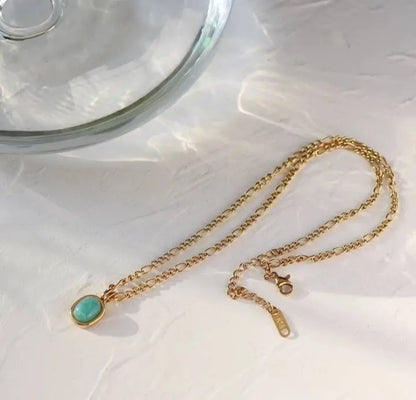 18k Gold Spring Green Amazonite Natural Stone Pendant Necklace (20'' Stainless Steel Chain), Retro Elegant Temperament Style Necklace - JettsJewelers