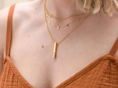 18k Plated Gold 3D Bar Necklace, 4 Sided Vertical Cube Bar, Gold Bar Jewelry, 4 Sides Family Kids Names Engraved Memorial Bar Necklace JettsJewelers
