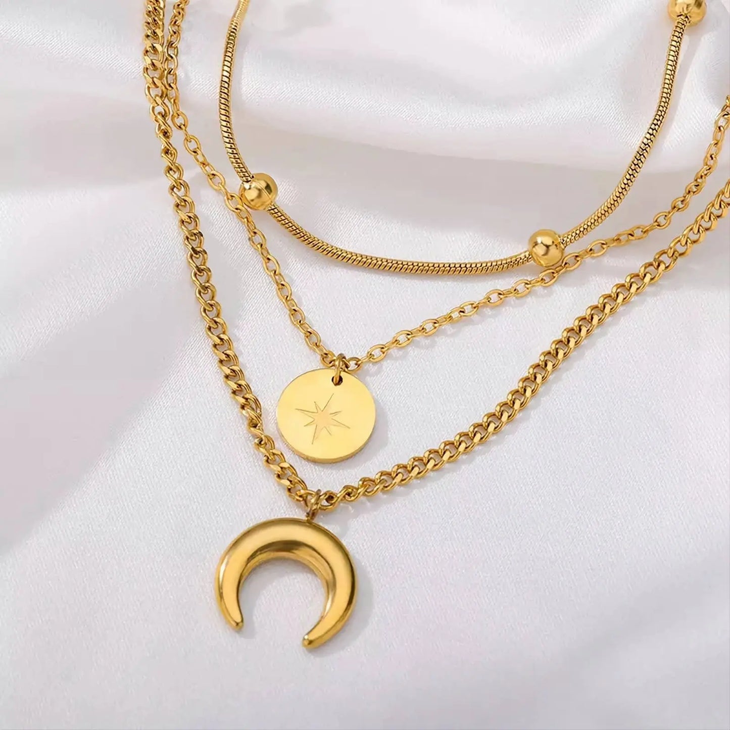 18k Yellow Gold Triple Layered Star and Moon Necklace Choker JettsJewelers