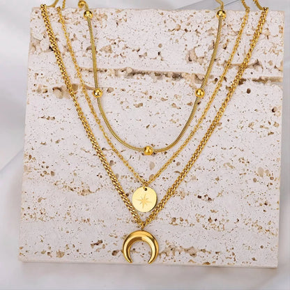 18k Yellow Gold Triple Layered Star and Moon Necklace Choker JettsJewelers