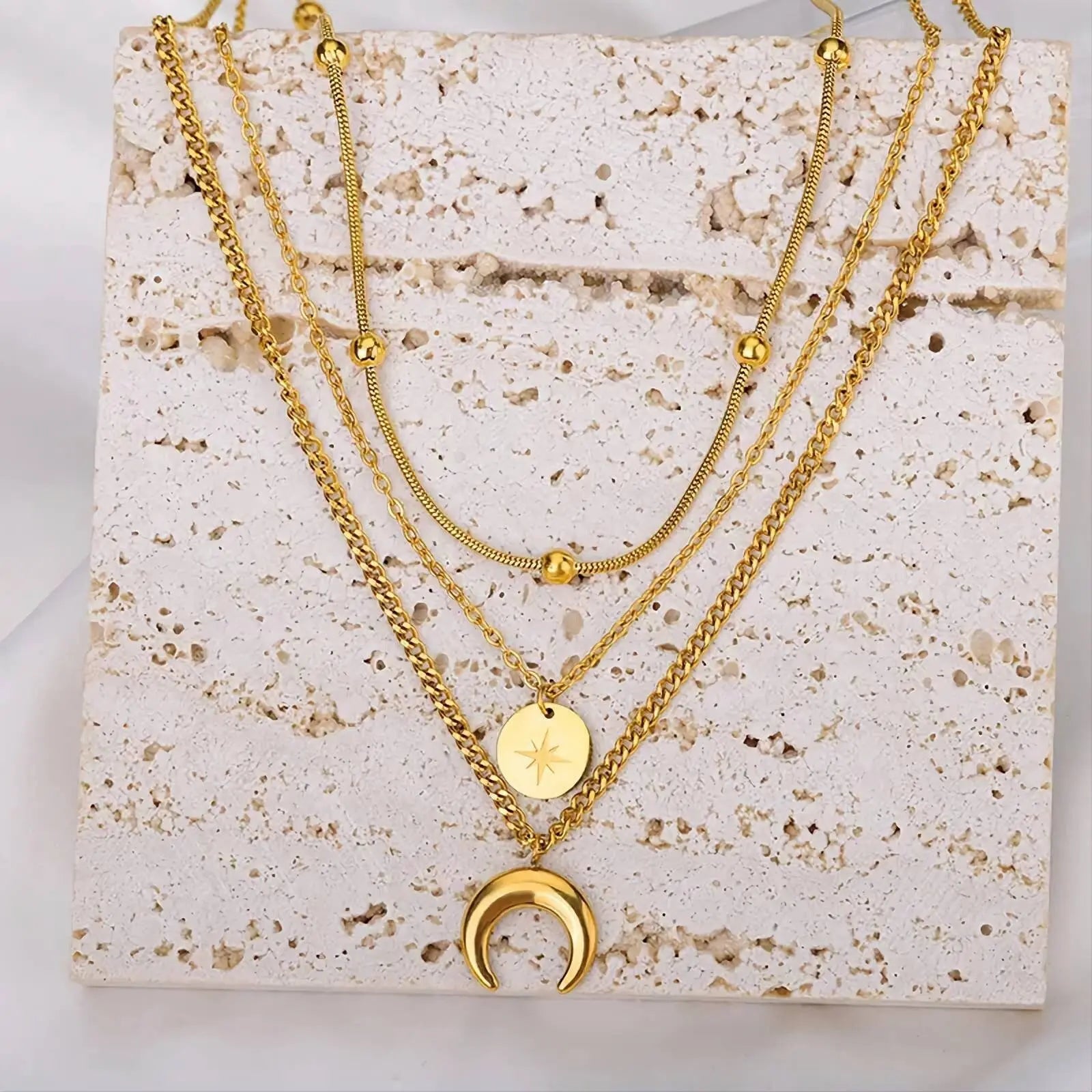 18k Yellow Gold Triple Layered Star and Moon Necklace Choker JettsJewelers