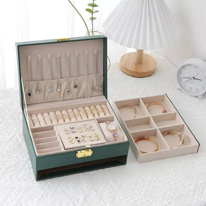 2 Layered Jewelry box for Woman Layer Large Jewelry Storage Case, PU Leather Jewellery Organizer Holder with Lock Removable Ring JettsJewelers