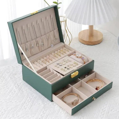 2 Layered Jewelry box for Woman Layer Large Jewelry Storage Case, PU Leather Jewellery Organizer Holder with Lock Removable Ring JettsJewelers