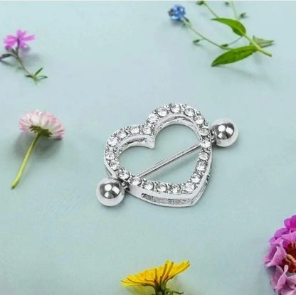 2 Pcs Crystal Heart Nipple Rings 316L Stainless Steel Heart Nipple Rings Double Layer Heart Nipple Rings Personality Body 14GA 7/8" Length JettsJewelers