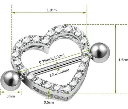 2 Pcs Crystal Heart Nipple Rings 316L Stainless Steel Heart Nipple Rings Double Layer Heart Nipple Rings Personality Body 14GA 7/8" Length JettsJewelers