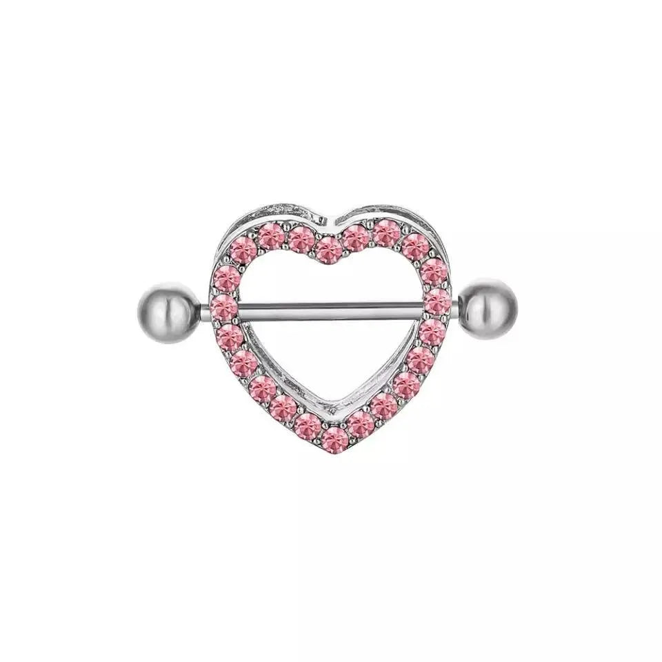 2 Pcs Crystal Heart Nipple Rings 316L Stainless Steel Heart Nipple Rings Double Layer Heart Nipple Rings Personality Body 14GA 7/8&quot; Length JettsJewelers