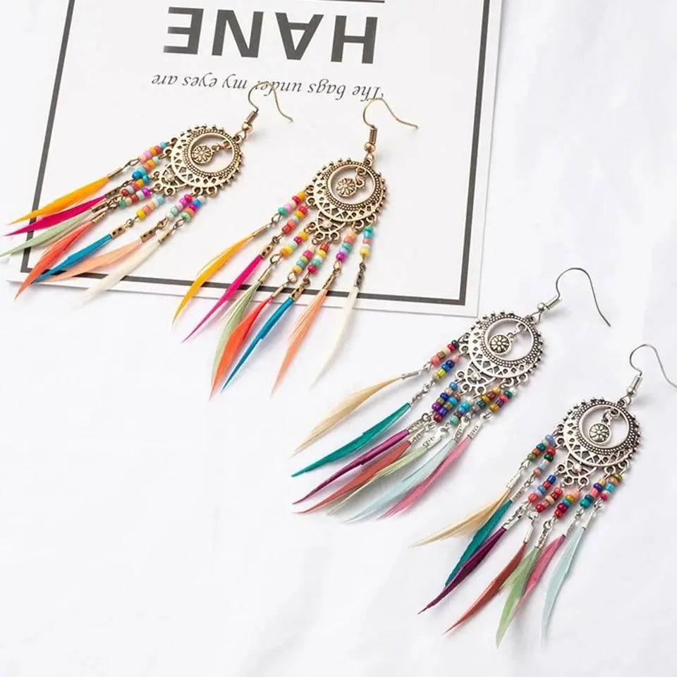 2 pairs Gold and Silver Bohemian Earrings Set Tree of Life Feather Tassel Silver Ethnic Retro Boho Hippie Gypsy Dangle Earring Bead Women - JettsJewelers