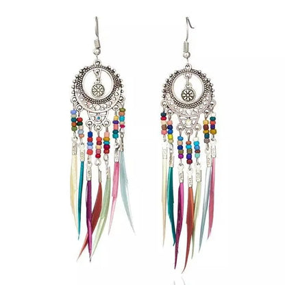2 pairs Gold and Silver Bohemian Earrings Set Tree of Life Feather Tassel Silver Ethnic Retro Boho Hippie Gypsy Dangle Earring Bead Women - JettsJewelers