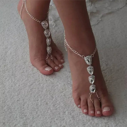 2 pc 4 Stone Adjustable Chain Barefoot Sandals Beach Wedding Jewelry Anklet with Rhinestone Toe Ring Leaf Bridal Toe JettsJewelers