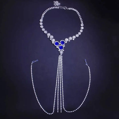 2 pc Bra Bikini Set Crystal Tassel Body Chains Belly Dance Skirts Blue Rhinestones Sexy Bikini Summer Beach Hip Waist Beachwear - JettsJewelers