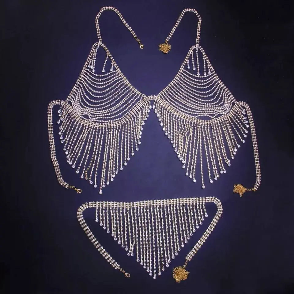 2 pc Bra Bikini Set Crystal Tassel Body Chains Belly Dance Skirts Rhinestones Sexy Bikini Summer Beach Hip Waist Beachwear - JettsJewelers